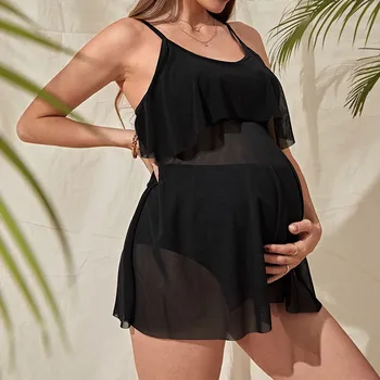 Черные комплекты бикини для беременных, Летние Свободные накидки, пляжное платье, купальники-монокини для беременных из двух частей, купальный костюм в стиле бохо. 16