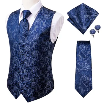 Шелковые мужские жилеты, деловое вечернее платье, тонкая куртка без рукавов, 4 ШТ., запонка, синий костюм с Пейсли, жилет 18
