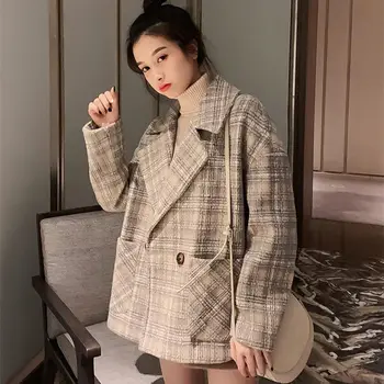 Шерстяное пальто в клетку Hstar, женское пальто свободного кроя на осень-зиму, популярная корейская версия небольшого утолщенного твидового пальто в стиле ретро 4