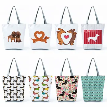Эко-Многоразовые Модные сумки для покупок, сумка через плечо с мультяшными животными, Вместительные сумки с принтом милой Таксы, дорожные пляжные сумки 10
