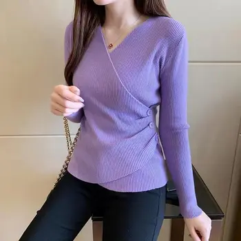 Элегантные модные вязаные пуловеры с V-образным вырезом для женщин, свитера 20223, новые однотонные рубашки с пуговицами снизу.