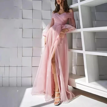 Элегантные платья для выпускного вечера из пыльно-розового тюля трапециевидной формы, сексуальные вечерние платья с разрезом сбоку, без рукавов, с открытыми плечами, длиной до пола 6