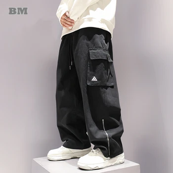 Японская уличная одежда, высококачественные брюки-карго, мужская одежда, повседневная спецодежда Harajuku, Корейские модные Свободные прямые брюки 1